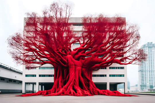 Grand arbre rouge tortueux au milieu des immeubles dans la vile