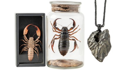 A drawing of a scorpion is next to a glass case with a drawing of a scorpion ins