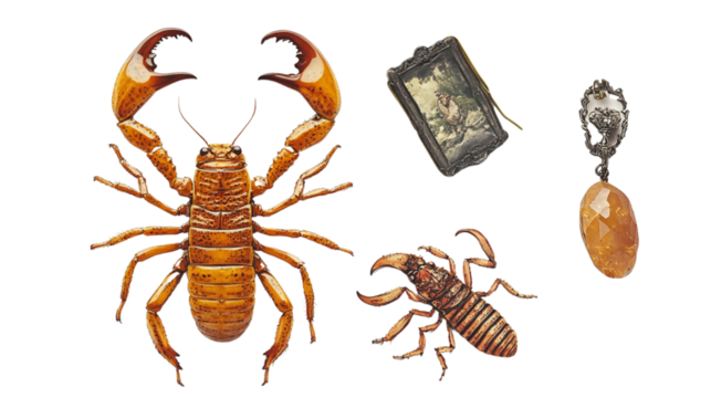 A drawing of a scorpion is next to a glass case with a drawing of a scorpion ins