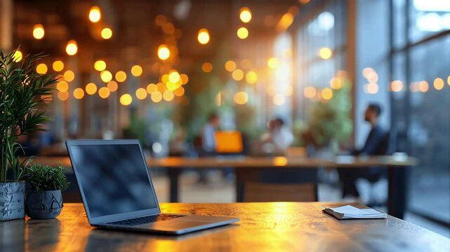 Blurred office interior with people working in the background and bokeh lights on a glass wall.