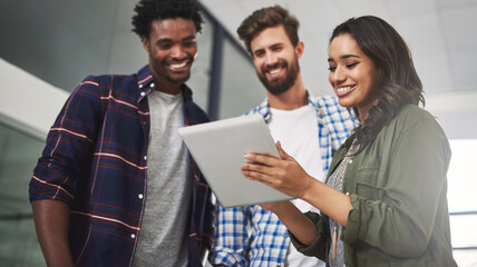 Office, business people and happy with tablet for research, planning and company website with tech. Teamwork, employees and designers with digital for online startup, progress and creative agency