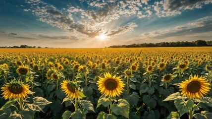 Sunflower Field at Sunset with Rays of Light