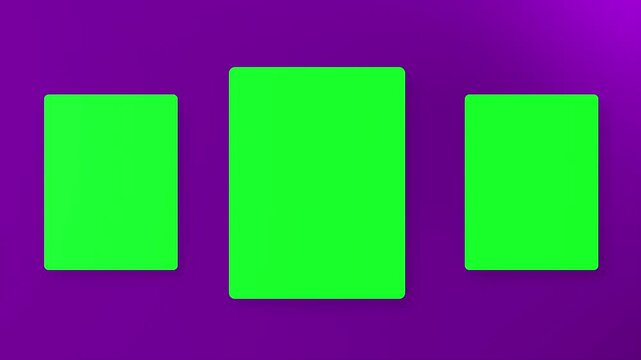 The card in Green screen with rotating selected one card animation with purple background 4k quality.