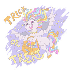 Halloween unicorn bat and lettering card vector illustration