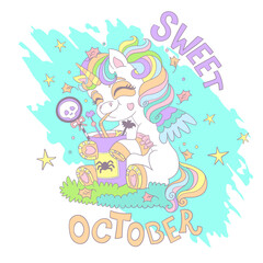 Halloween baby unicorn and lettering card vector illustration
