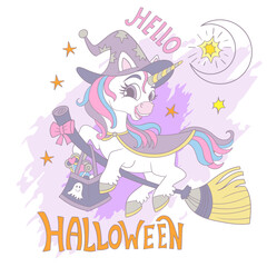 Halloween unicorn and lettering card vector illustration