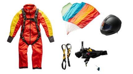 A collection of outdoor gear and clothing, including a red jacket, orange