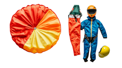 A collection of outdoor gear and clothing, including a red jacket, orange