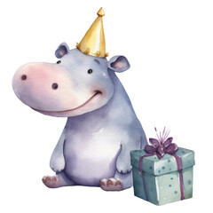 Naklejka premium PNG Hippo wearing a party hat animal birthday smiling.