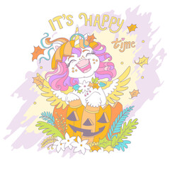 Happy Halloween unicorn and lettering card vector illustration