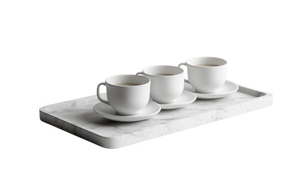 Three white cups and saucers on a marble tray