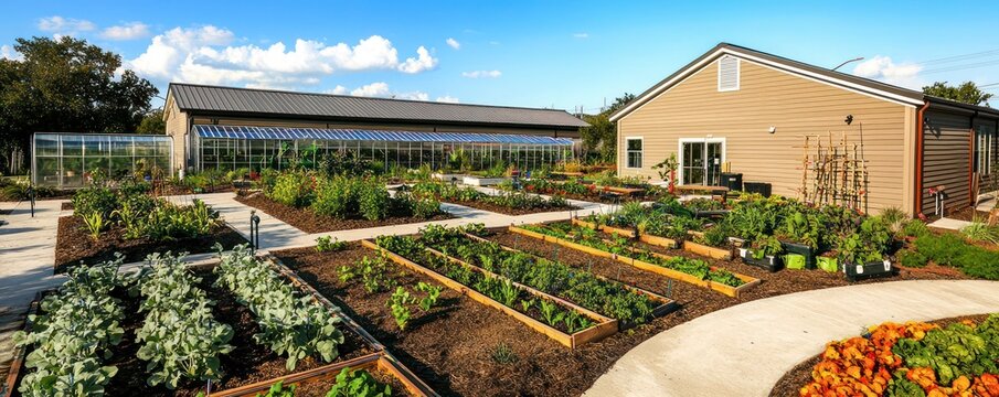 A community gardening center with James Hardie siding, providing a series of small garden plots and greenhouses, designed to promote urban agriculture and sustainability