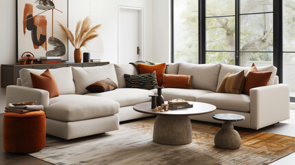 Cozy living room interior with a chaise sectional, a round upholstered coffee table, and a set of nested side tables next to the sofa.