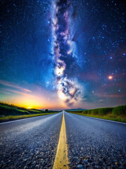 Naklejka premium road in the nightroad, highway, sky, asphalt, landscape, travel, horizon, sun, nature, cloud, way, empty, sunset, journey, rural, field, trip, clouds, drive, long, country, speed, route, desert, light