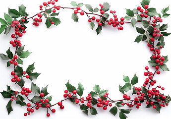 Christmas garland border frame on a white background, with red berries and green leaves, viewed from above
