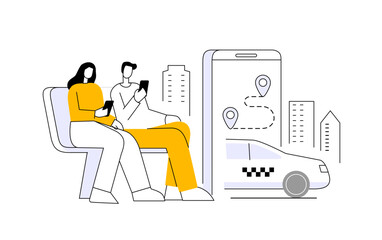 Woman and man order taxi. Vector flat illustration for transfer, transportation, urban,