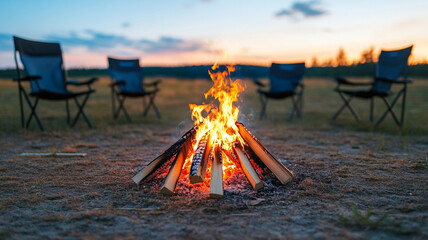 Fototapeta premium A cozy bonfire setup with chairs arranged in circle, creating warm and inviting atmosphere for gatherings. flames dance beautifully against twilight sky
