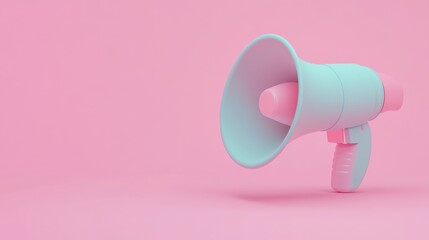 A light blue megaphone with a pink handle sits on a pink background.