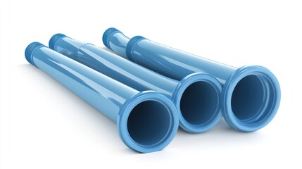 Fototapeta premium Three blue PVC pipes isolated on a white background.