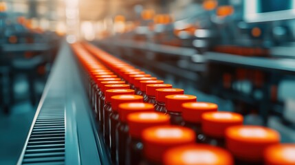 Obraz premium A vivid line of jars with bright orange lids on a conveyor belt in a factory setting, reflecting a modern and efficient production process, Business idea concept.
