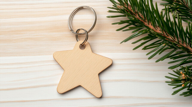 A simple star shaped keychain made of wood, perfect for personalizing gifts or holiday decorations. Its natural finish complements festive themes beautifully