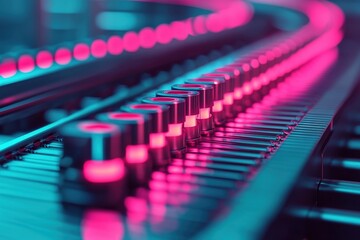 Obraz premium A vibrant close-up of illuminated buttons on a sleek control panel, showcasing a blend of pink and blue lighting in a modern, tech-inspired design, Business idea concept.