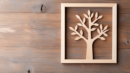 A beautiful wooden tree design framed on rustic wooden table creates warm and inviting atmosphere, perfect for family gatherings or home decor