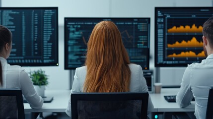 A focused team analyzes data on multiple screens in a modern office setting, highlighting collaboration and technology in data-driven decision-making, Business idea concept.