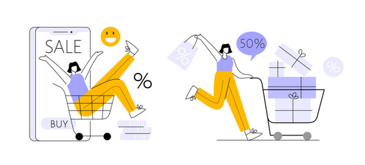 Woman make a purchase, internet shop, online store customer order concept. Running female with cart or trolley full of gifts. Flat line vector illustration on white.