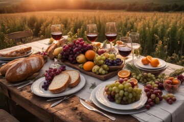 A rustic wooden table laden with fresh fruit, bread, and wine, set against a backdrop of golden wheat fields bathed in the warm glow of sunset.