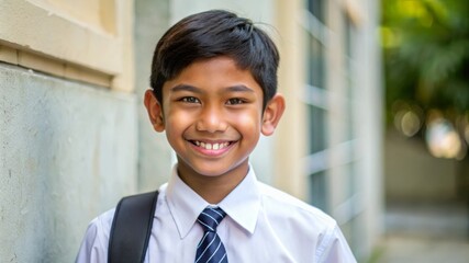 Smiling Cute Indonesian High School Boy Portrait with Copy Space