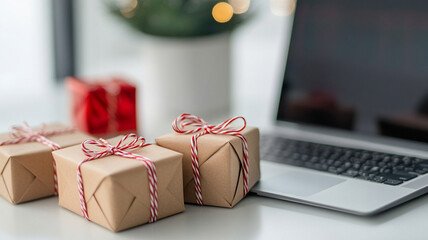 Wrapped gift boxes with business laptop in background create festive atmosphere, perfect for holiday celebrations and corporate gifting