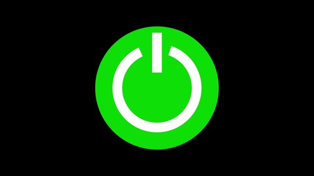 Green colour power button icon animation on black background. On power button concept.