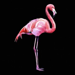 Pink Flamingo with Curved Neck and Long Legs Against Black Background