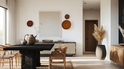 A stylish open living and dining area featuring a black and natural wood dining table