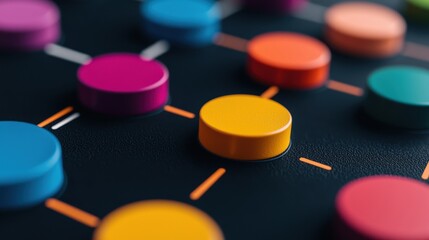 Fototapeta premium Colorful circular tokens arranged on a board, featuring various hues against a dark background, creating a visually stimulating pattern, Business idea concept.
