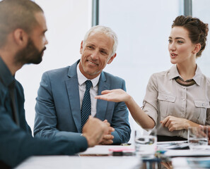 Meeting, planning and happy business people in discussion for teamwork, strategy or partnership....