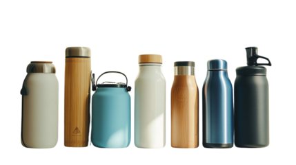 A row of different colored water bottles, including a blue one with a logo on it