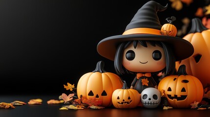 Cute Halloween Pumpkin Characters and Decorations Set in Autumn Themed Backgrounds