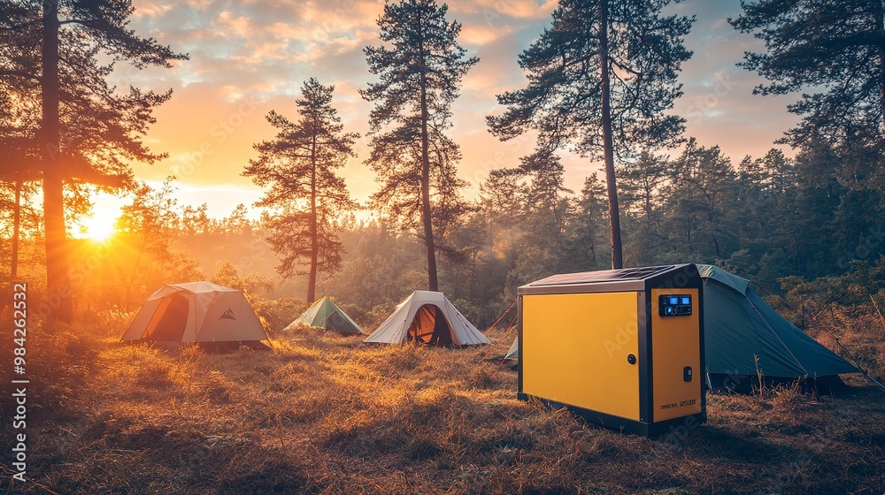 Poster Portable solar generator at sunset in forest camping site with tents 