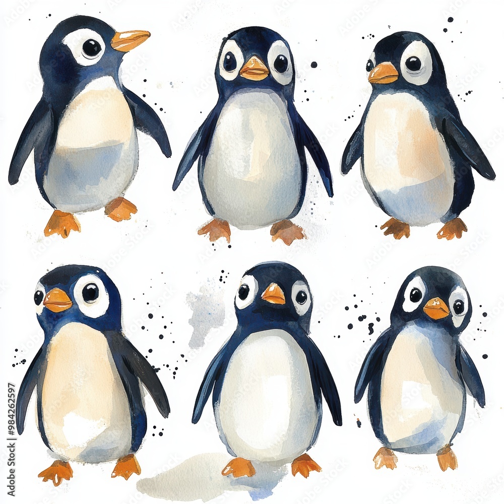 Poster cute penguin watercolor.