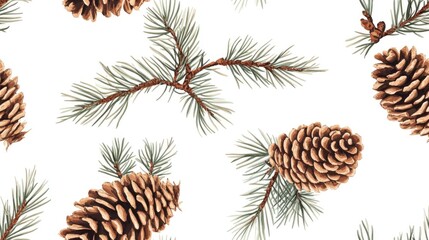 Obraz premium Seamless pattern featuring pine tree branches adorned with cones against a white background in a geometric design