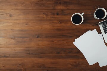 A serene workspace featuring a wooden table, two coffee cups, a laptop, and blank papers, ideal for productivity and creativity, Business idea concept.