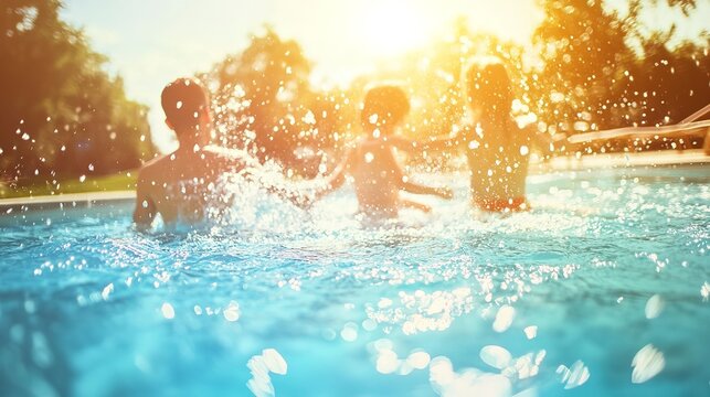 playful family splashing in crystalclear swimming pool summer vacation fun in bright sunlight lifestyle banner 