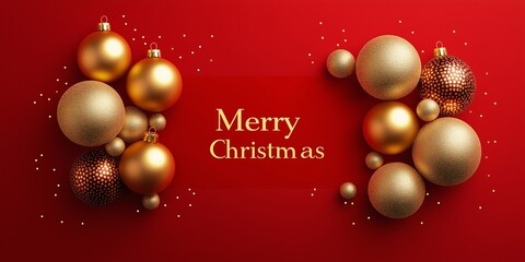 Merry Christmas is written on the red background. A large number of gold and red Christmas ornaments, including balls, stars, and other decorations. The arrangement of the ornaments creates a festive