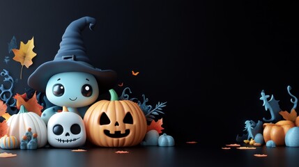 Cute Halloween Pumpkin Characters and Decorations Set in Autumn Themed Backgrounds