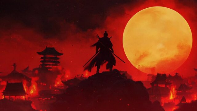 Sengojidai, samuray on a hill standing with village burning in background. Full moon backlit