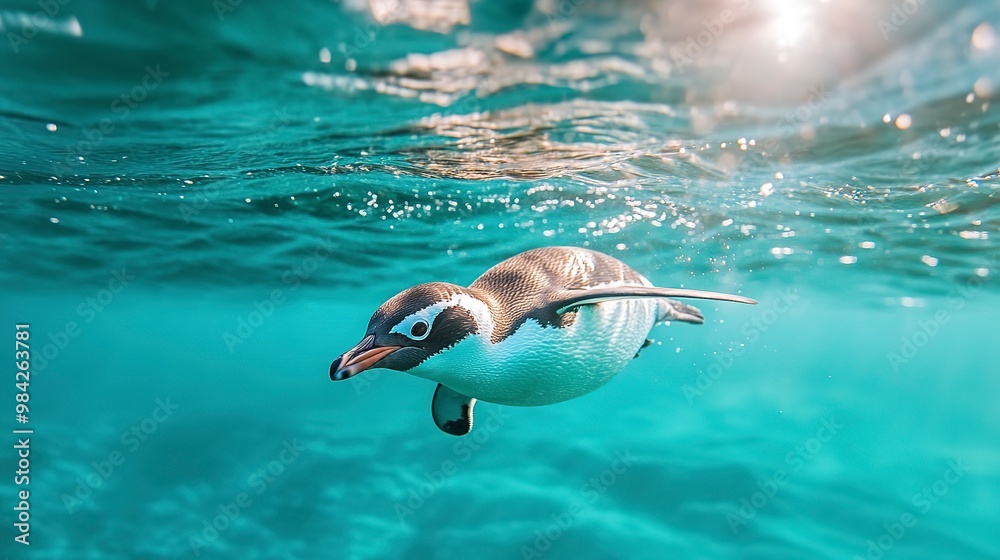 Poster penguin swimming underwater during the daytime in a bright turquise sea