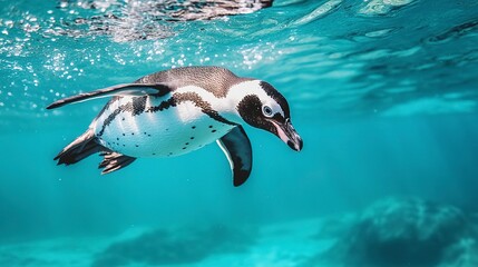 Obraz premium penguin swimming underwater during the daytime in a bright turquise sea 