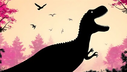 Fototapeta premium A silhouette of a large T-rex dinosaur in a forest setting with pink and purple trees and birds flying in the background